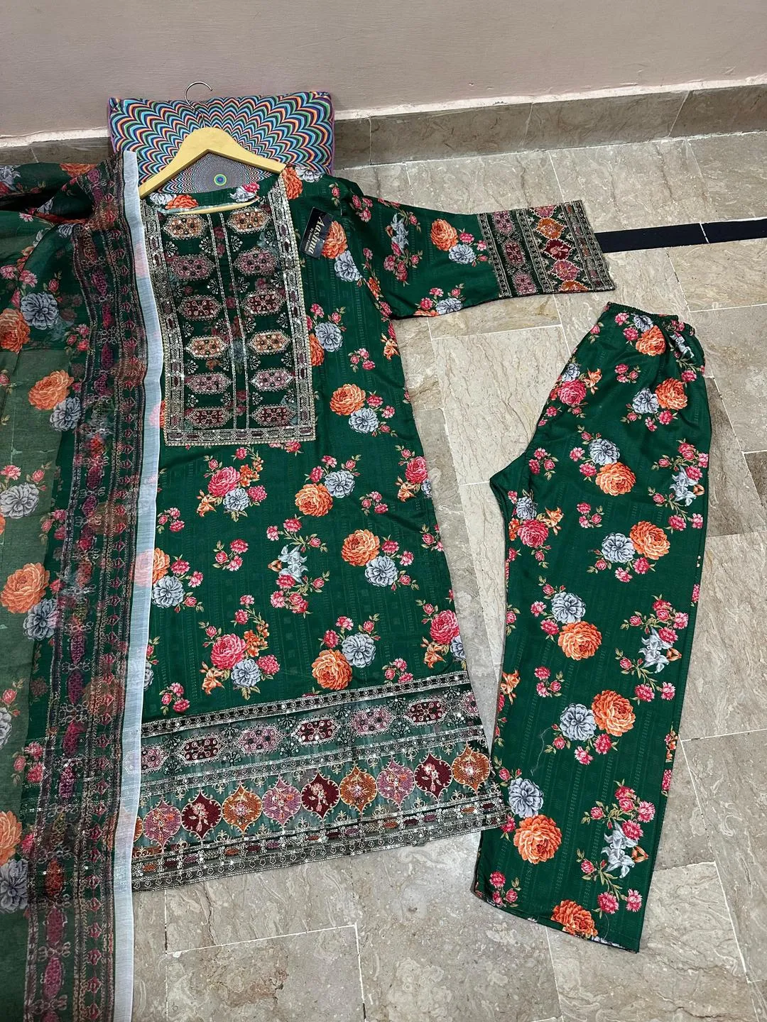 Green Floral Sequin Embroidered 3-Piece Suit for Women