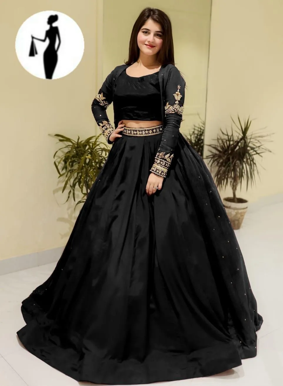 Black 3-Piece Shamoz Silk Gown Set for Eid Party Wear
