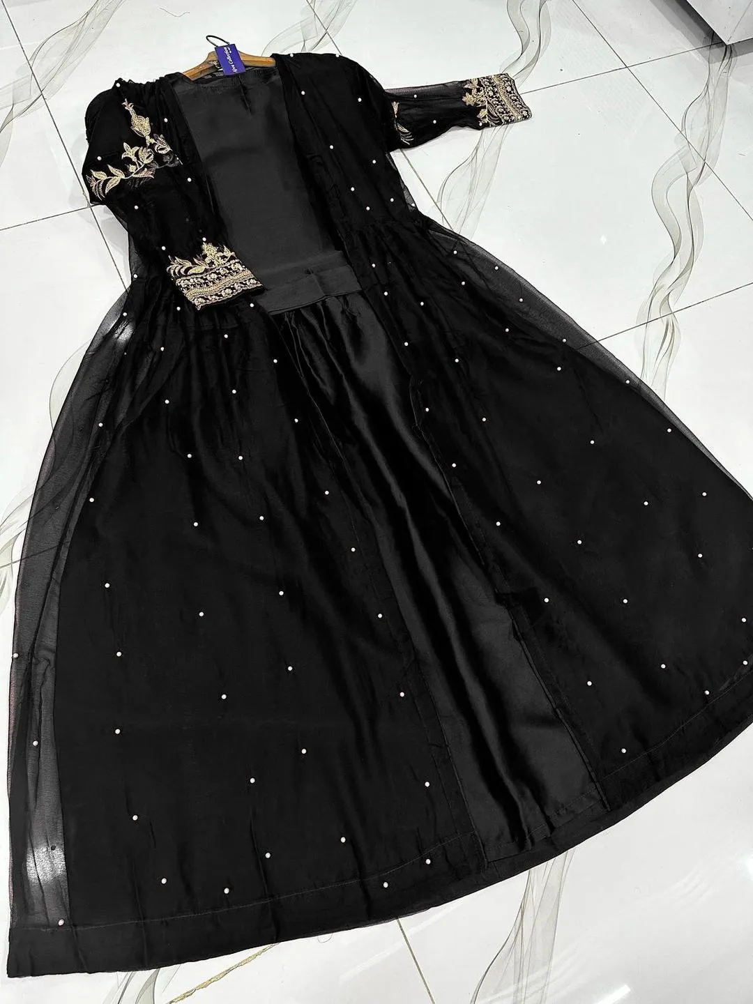 Black 3-Piece Shamoz Silk Gown Set for Eid Party Wear