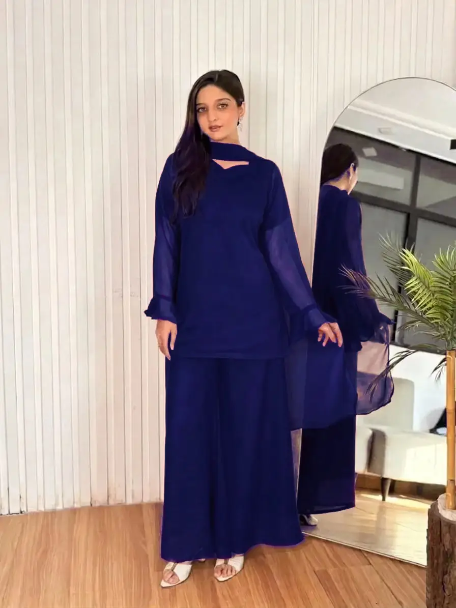 3 Pcs Women's Stitched Chiffon Plain Suit