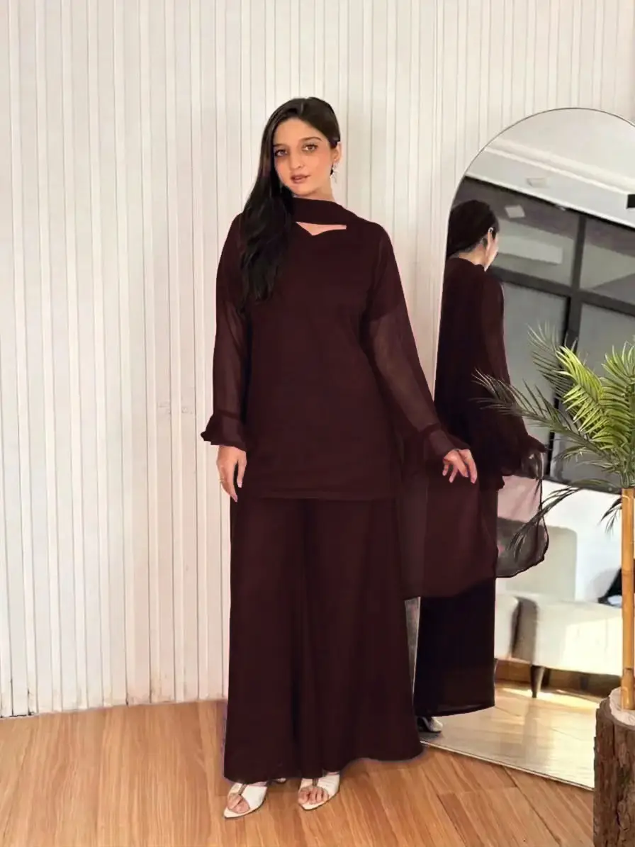 3 Pcs Women's Stitched Chiffon Plain Suit