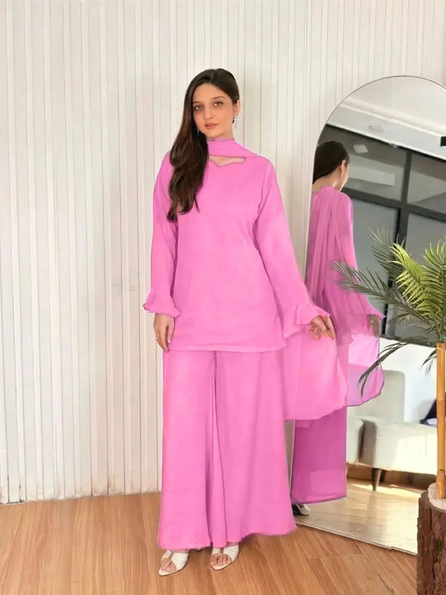 3 Pcs Women's Stitched Chiffon Plain Suit