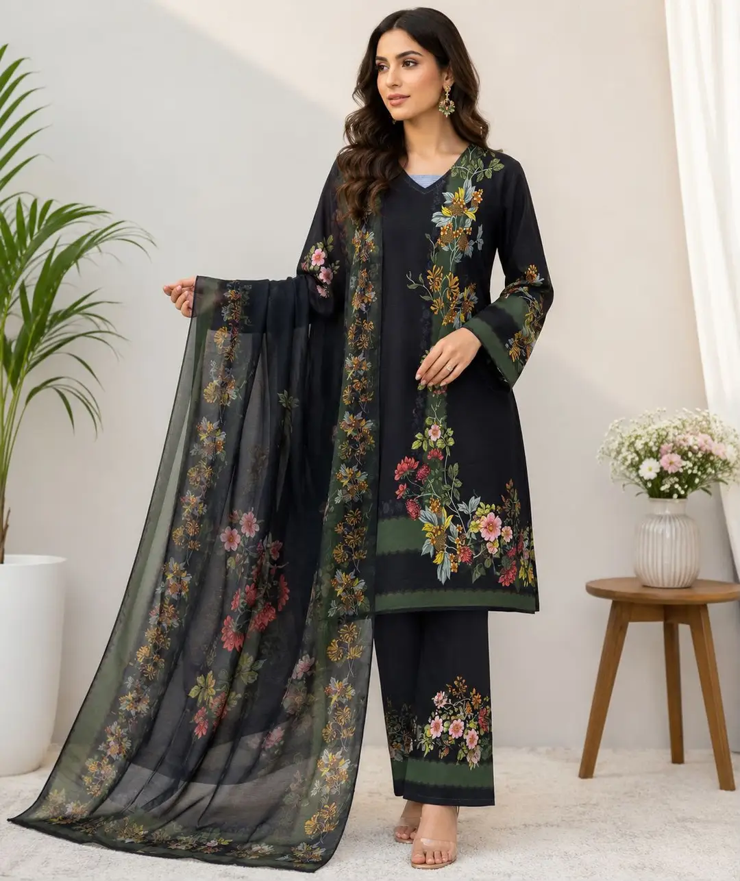3 Pcs Women's Stitched Dobby Lawn Printed Suit
