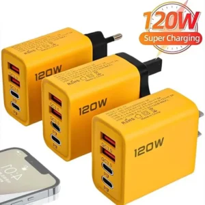 120W Fast Charger Adapter – 4 Port (2 PD + 2 USB) QC 3.0 Quick Charging – Universal Mobile Phone Wall Charger