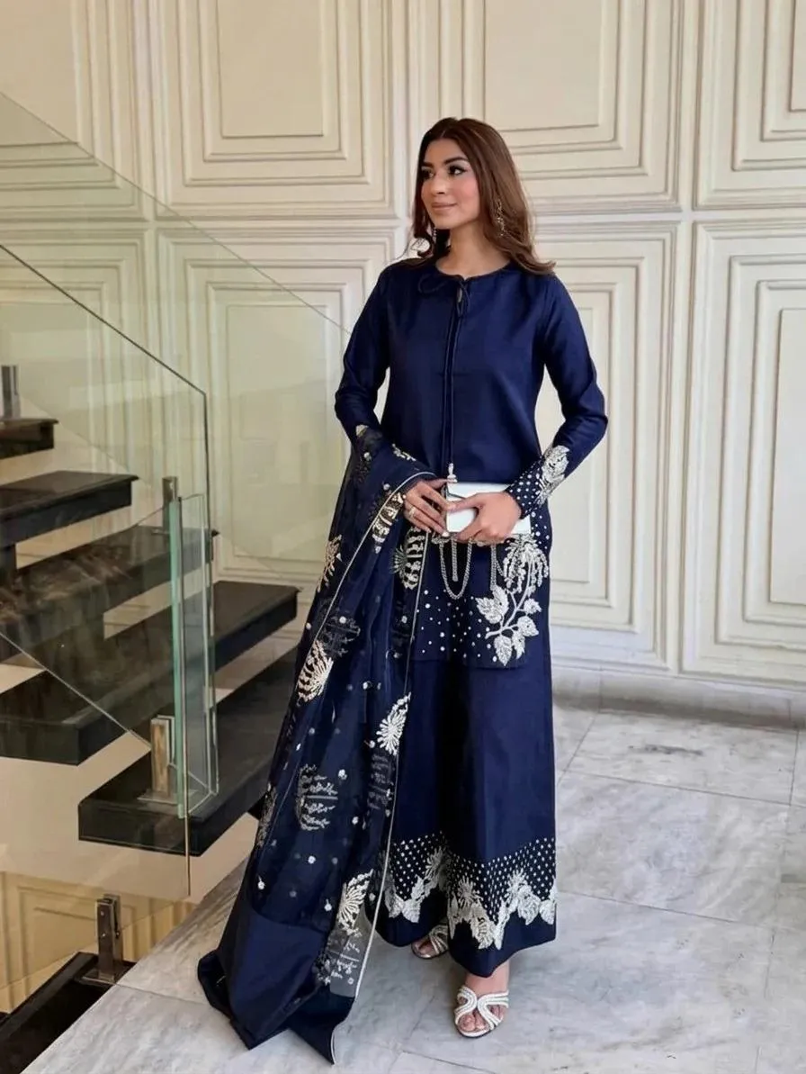 Silver Gold Sequence Embroidered 3Pcs Pakistani Suit