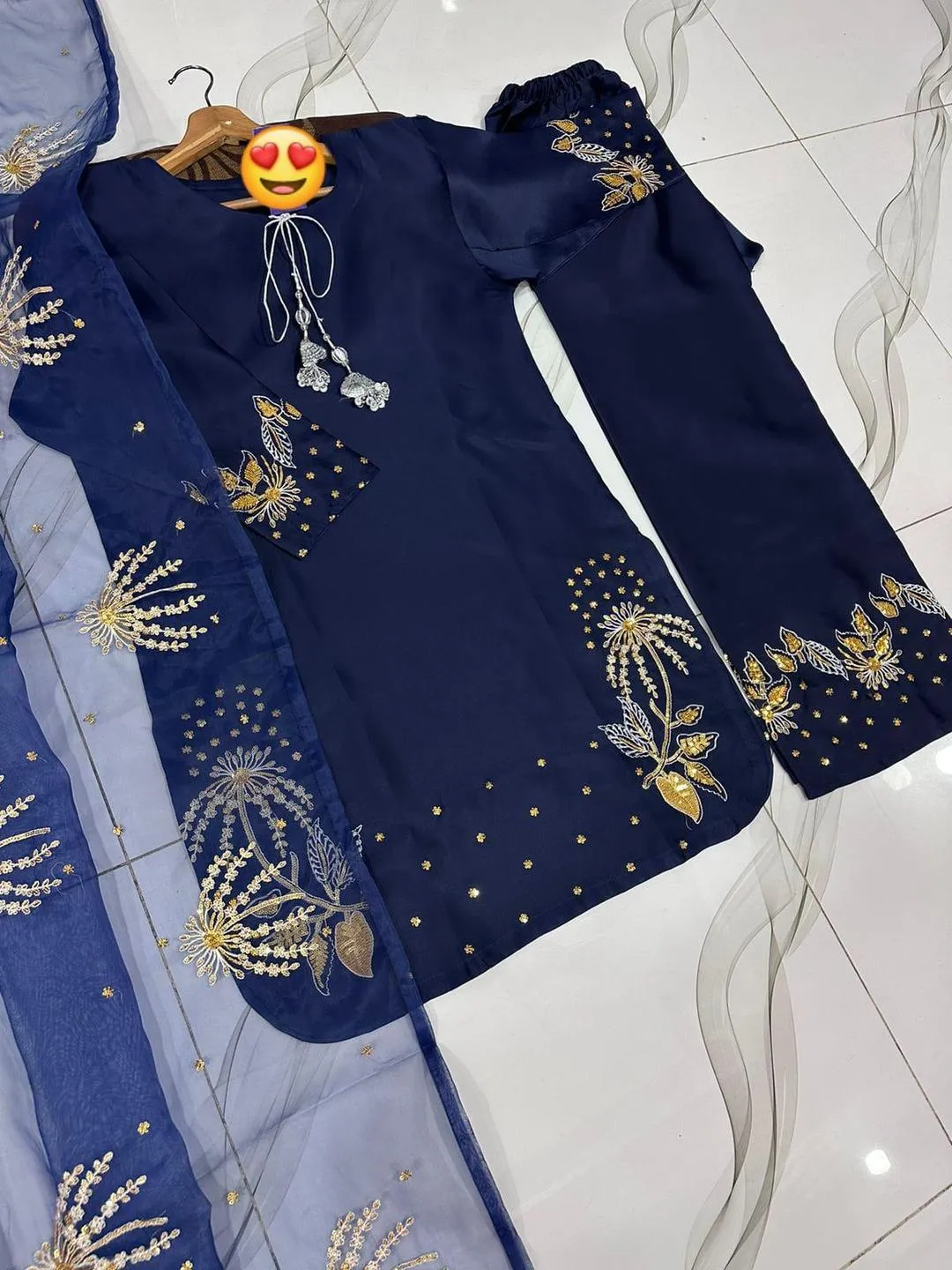 Silver Gold Sequence Embroidered 3Pcs Pakistani Suit