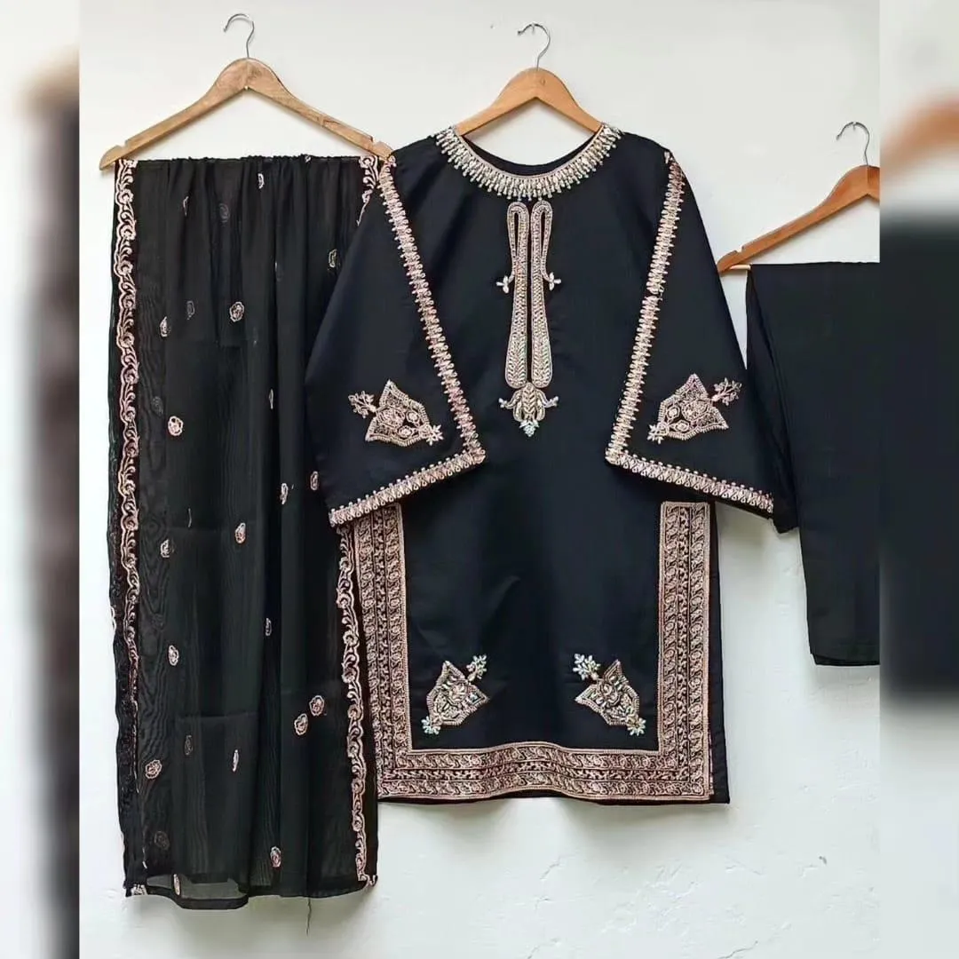 Black Embroidered 3Pc Kurta Set with Dupatta