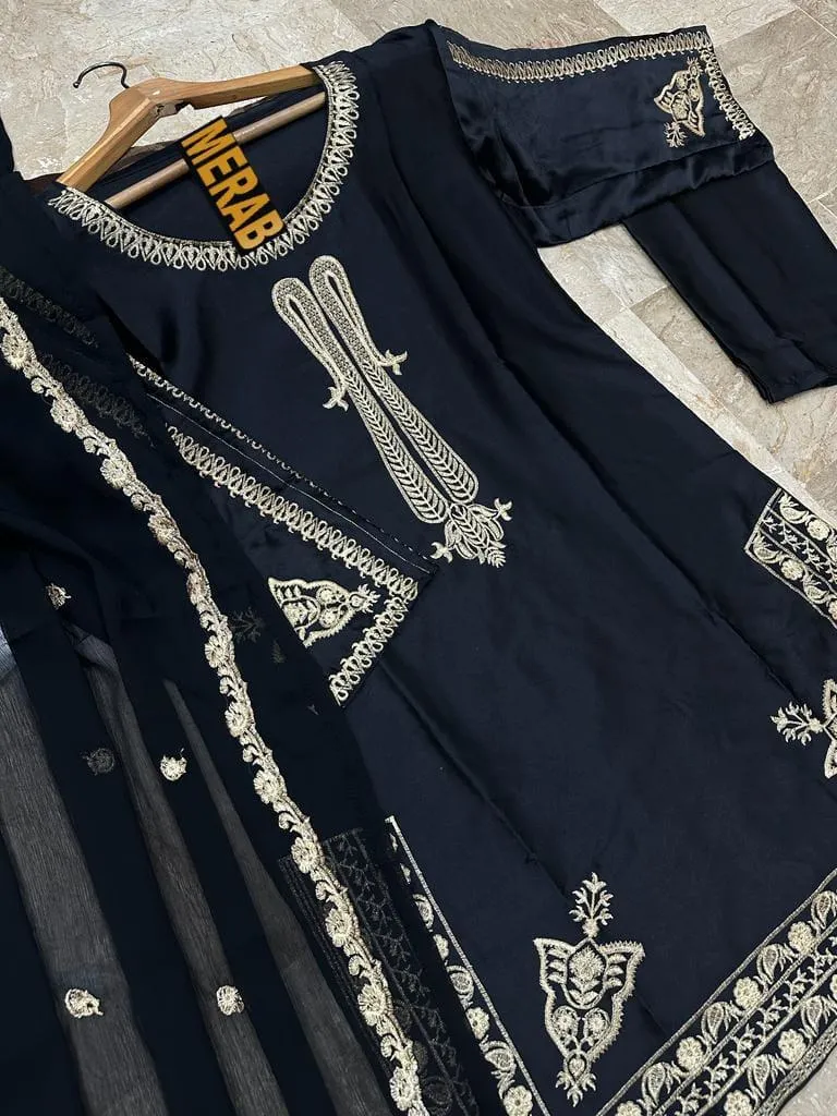 Black Embroidered 3Pc Kurta Set with Dupatta