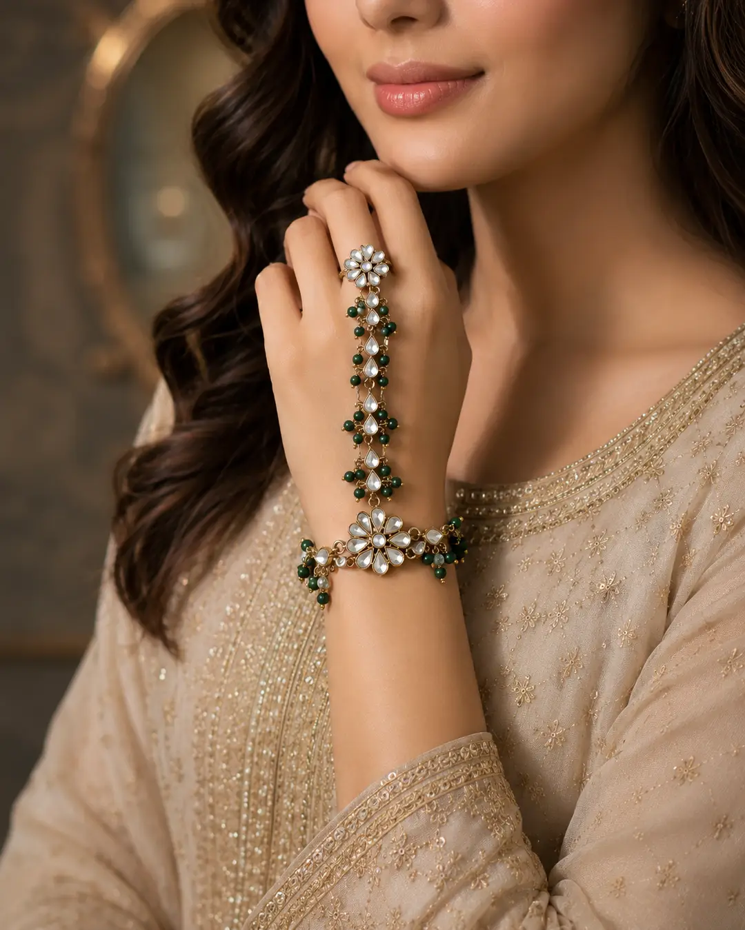 1 Pc Indian Design Gold Plated Kundan Chain Bracelet
