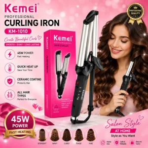 Kemei Professional 3 Barrel Hair Crimper & Curling Iron | Ceramic Hair Waver | Fast Heating Styling Tool