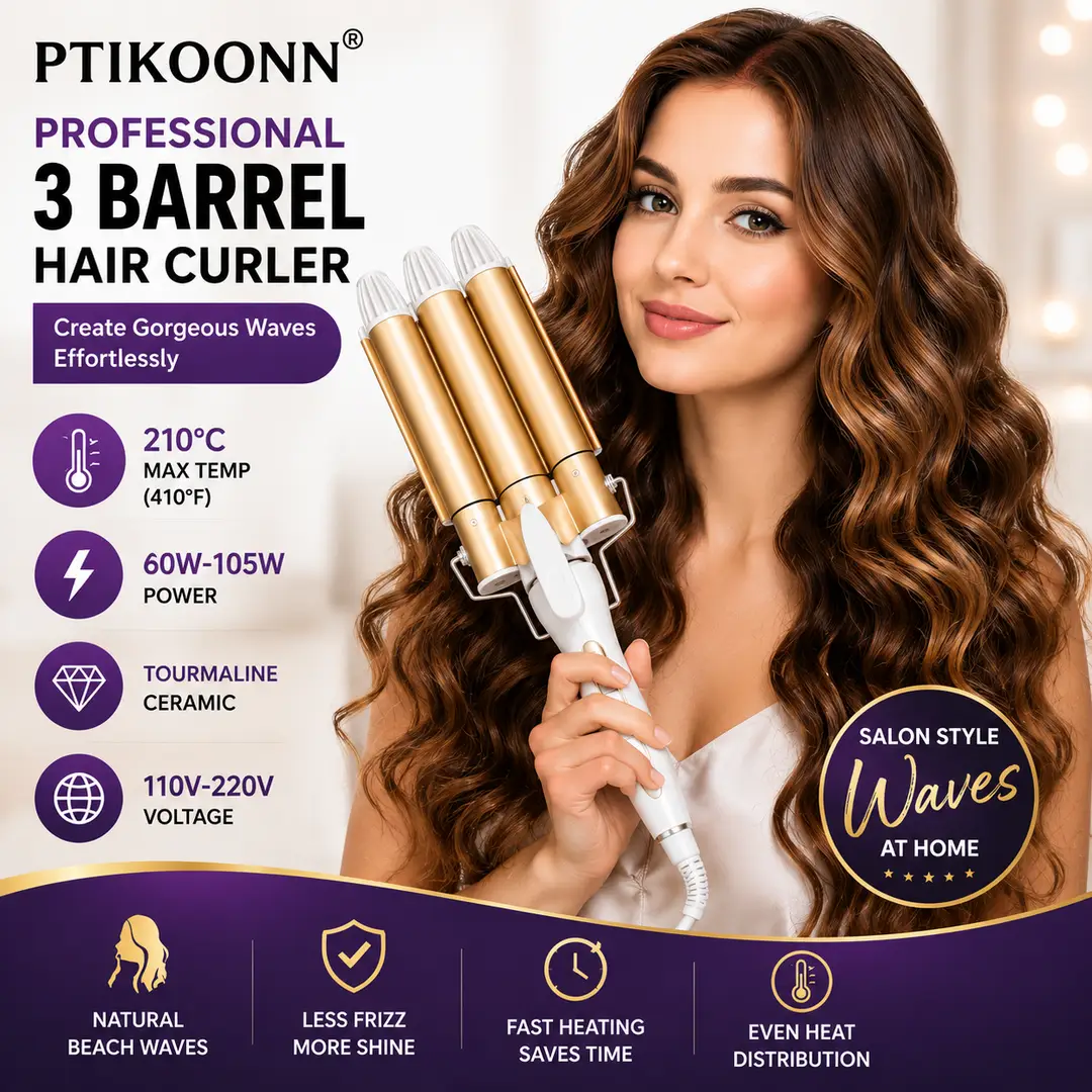PTIKOONN Professional 3 Barrel Hair Curler Ceramic Hair Waver 60W Fast Heating Hair Styling Iron
