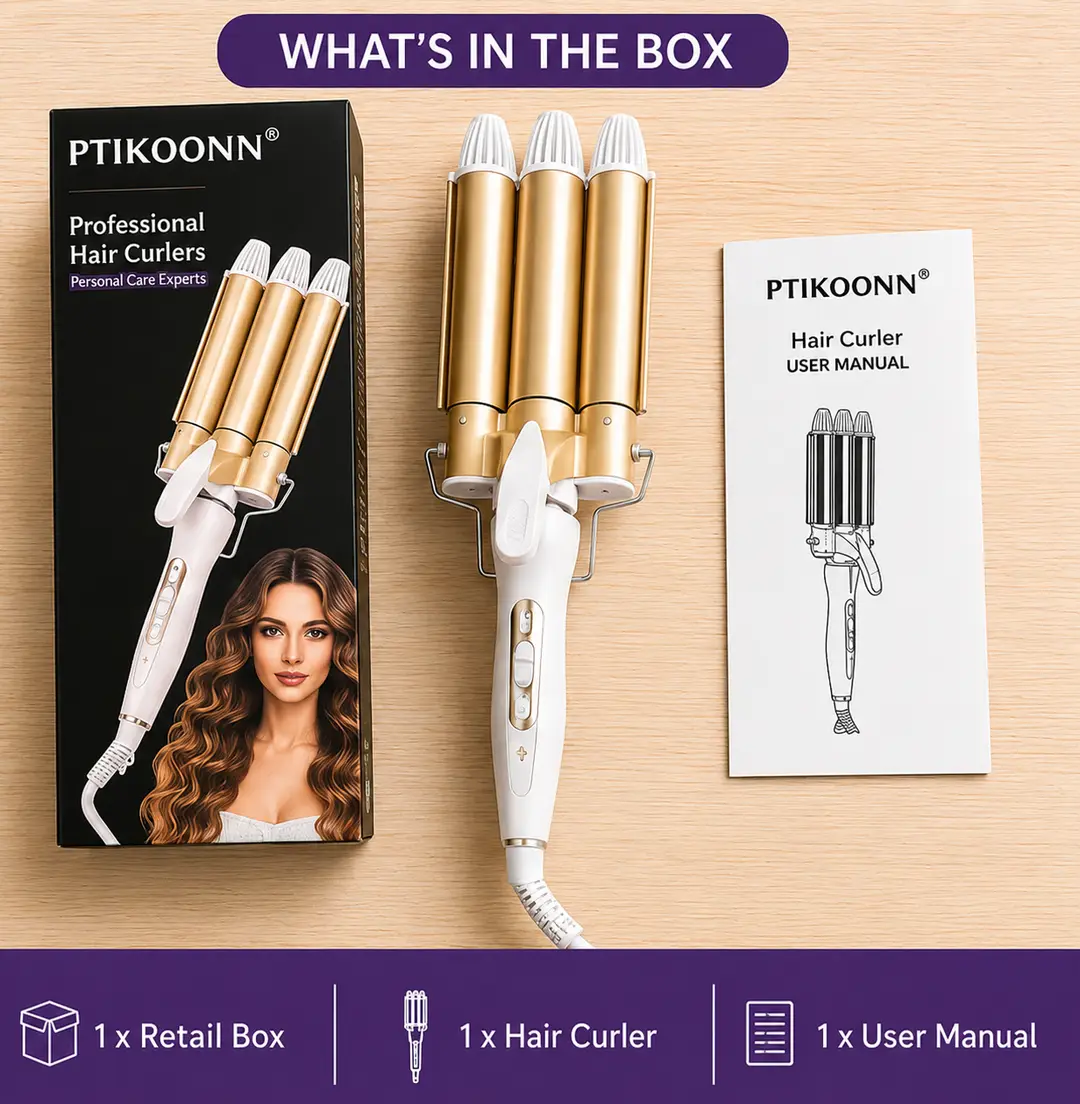 PTIKOONN Professional 3 Barrel Hair Curler Ceramic Hair Waver 60W Fast Heating Hair Styling Iron