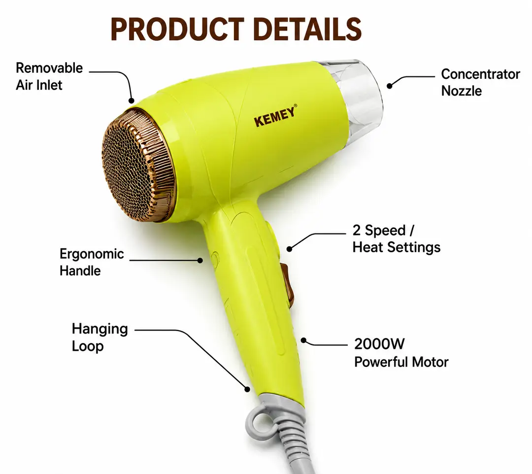 KEMEY KM-6821 Professional Hair Dryer 2000W | Hot & Cool Air | Foldable Handle | Overheat Protection