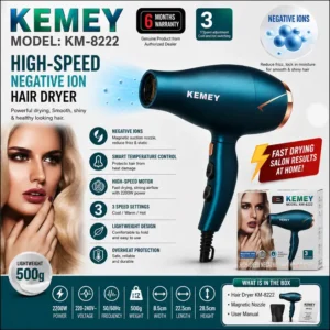 KEMEY KM-8222 Professional Hair Dryer 3000W – High Speed Negative Ionic Hair Dryer with Smart Temperature Control