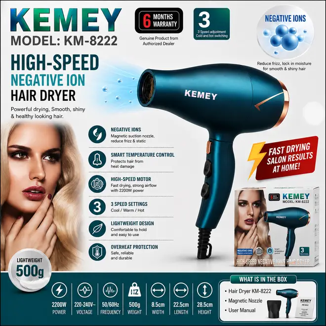 KEMEY KM-8222 Professional Hair Dryer 3000W – High Speed Negative Ionic Hair Dryer with Smart Temperature Control