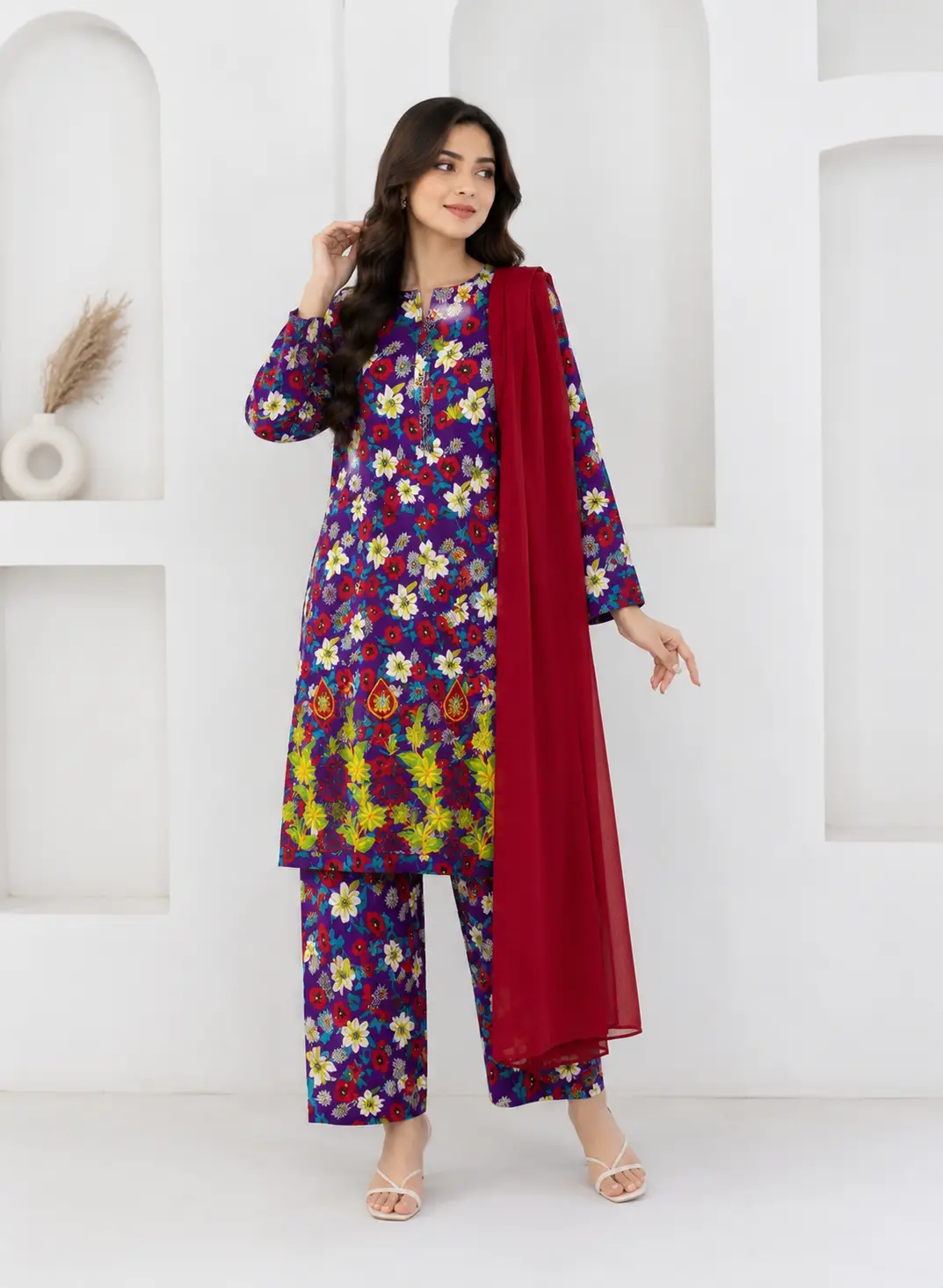 3Pcs Women's Stitched Lawn Printed Suit with Embroidery