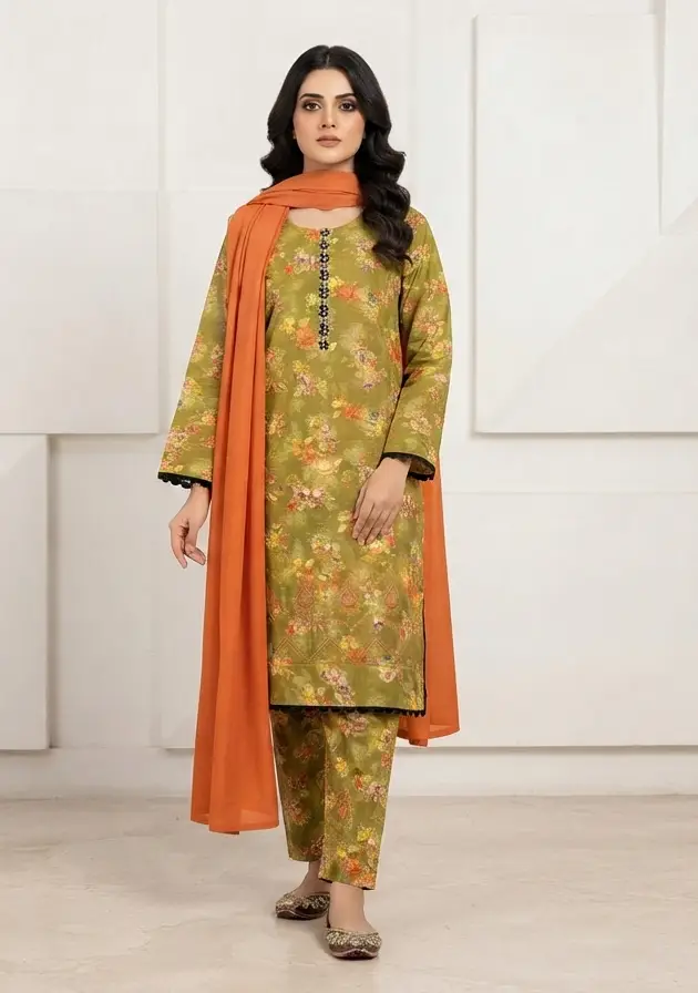 3Pcs Women's Stitched Lawn Printed Suit with Embroidery