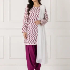 3Pcs Women’s Stitched Cotton Lawn Block Printed Suit with Farshi Shalwar