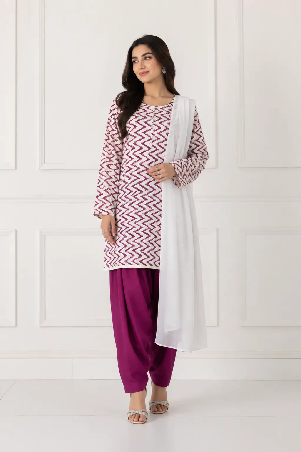 3Pcs Women's Stitched Cotton Lawn Block Printed Suit with Farshi Shalwar