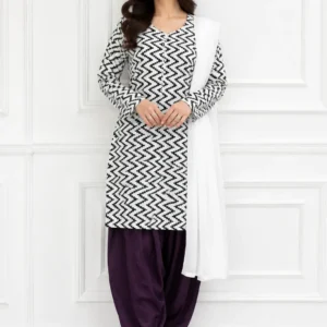 3Pcs Women’s Stitched Cotton Lawn Block Printed Suit with Farshi Shalwar