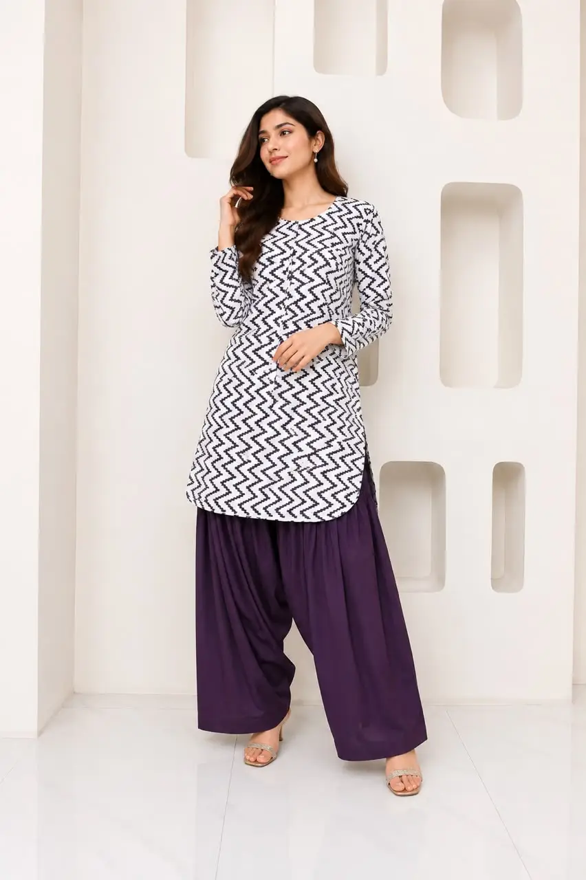 3Pcs Women's Stitched Cotton Lawn Block Printed Suit with Farshi Shalwar