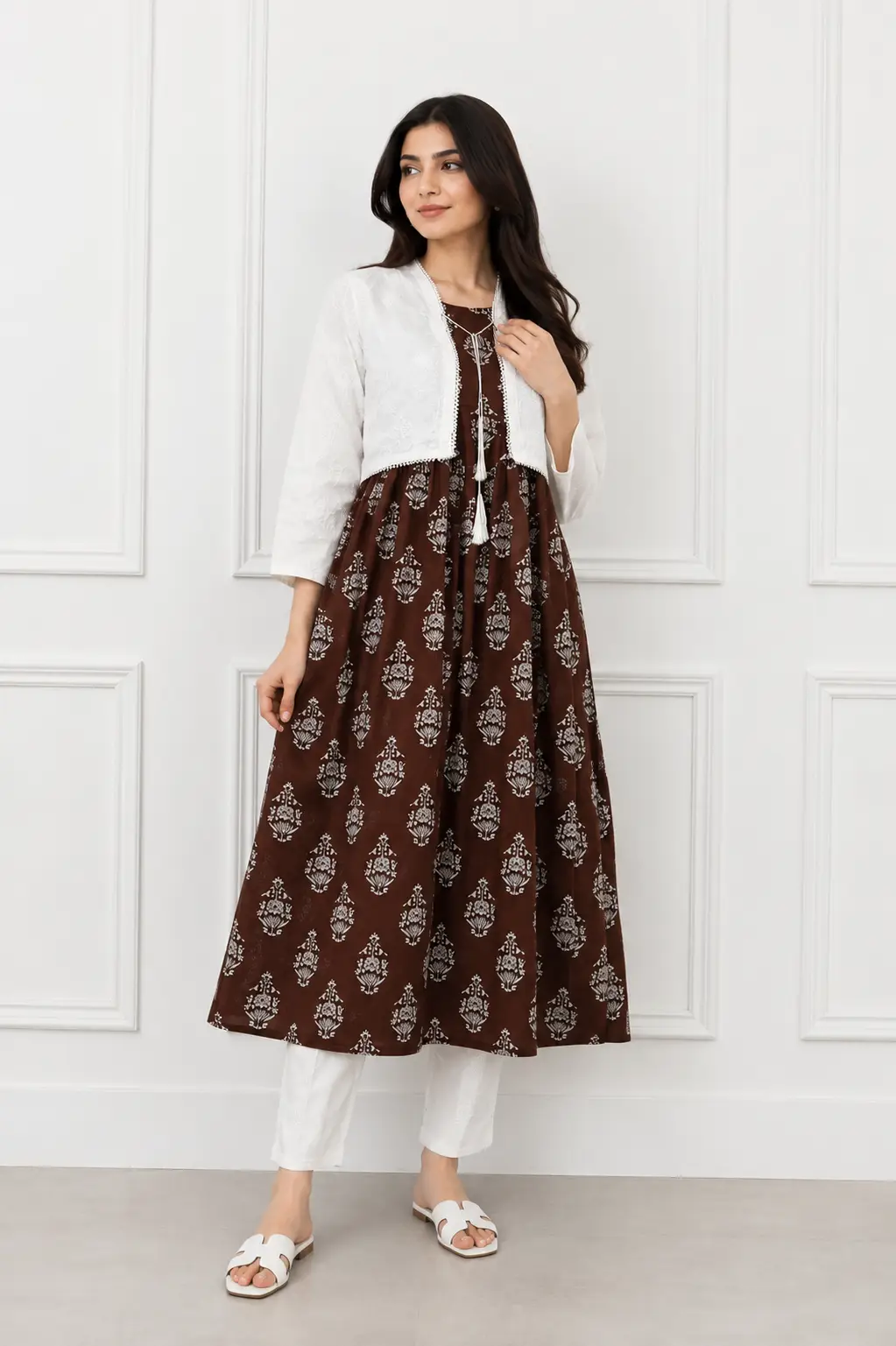 3Pcs Women's Stitched Linen Block Printed Suit with Koti