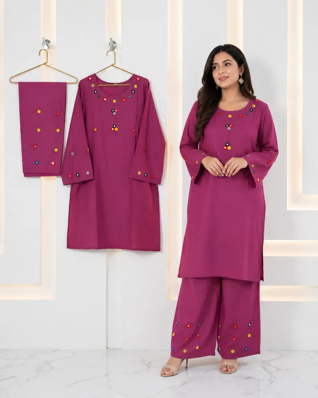 2Pcs Women's Stitched Cotton Lawn Hand Work Shirt And Trouser with Mirror work