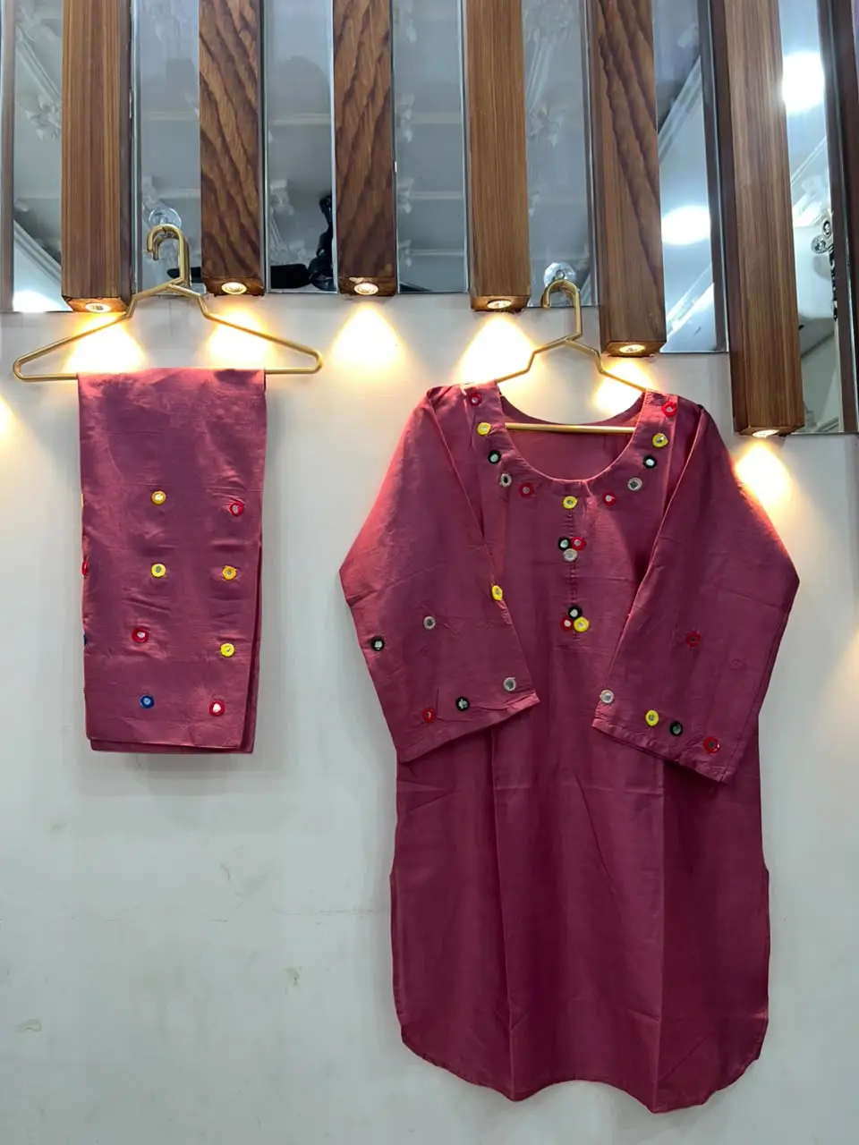 2Pcs Women's Stitched Cotton Lawn Hand Work Shirt And Trouser with Mirror work