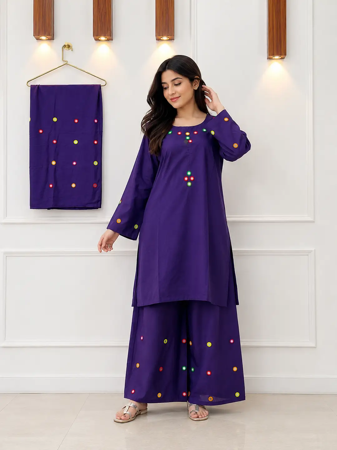 2Pcs Women's Stitched Cotton Lawn Hand Work Shirt And Trouser with Mirror work