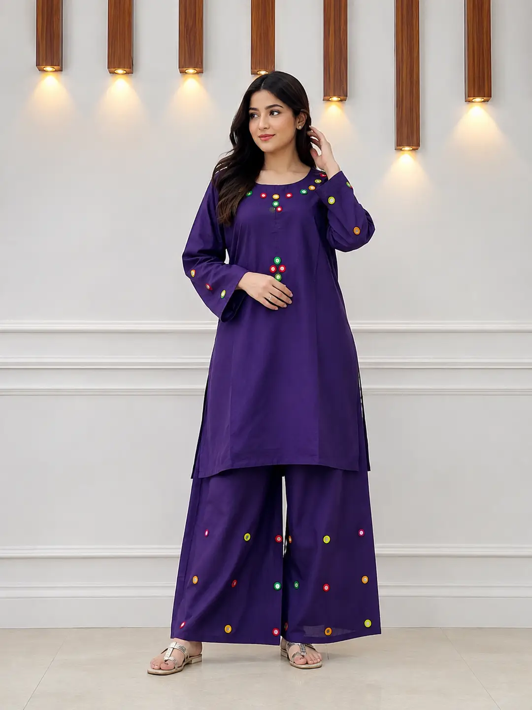2Pcs Women's Stitched Cotton Lawn Hand Work Shirt And Trouser with Mirror work