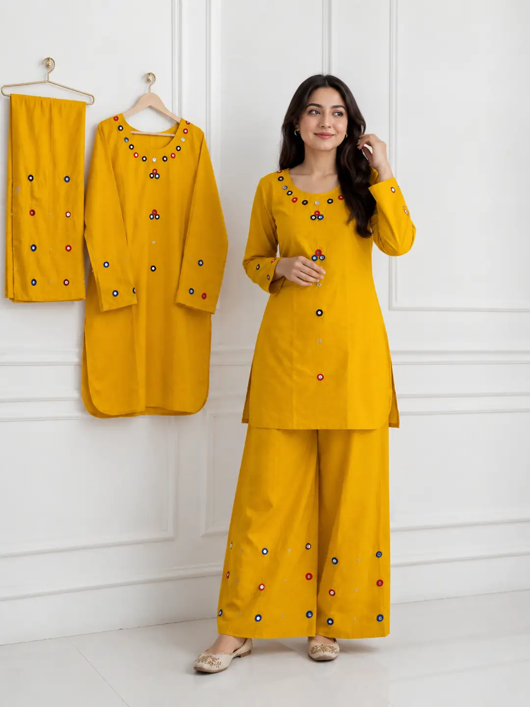 2Pcs Women's Stitched Cotton Lawn Hand Work Shirt And Trouser with Mirror work
