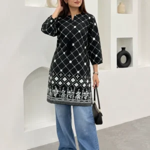1Pc Women’s Stitched Linen Block Printed Shirt Black Special