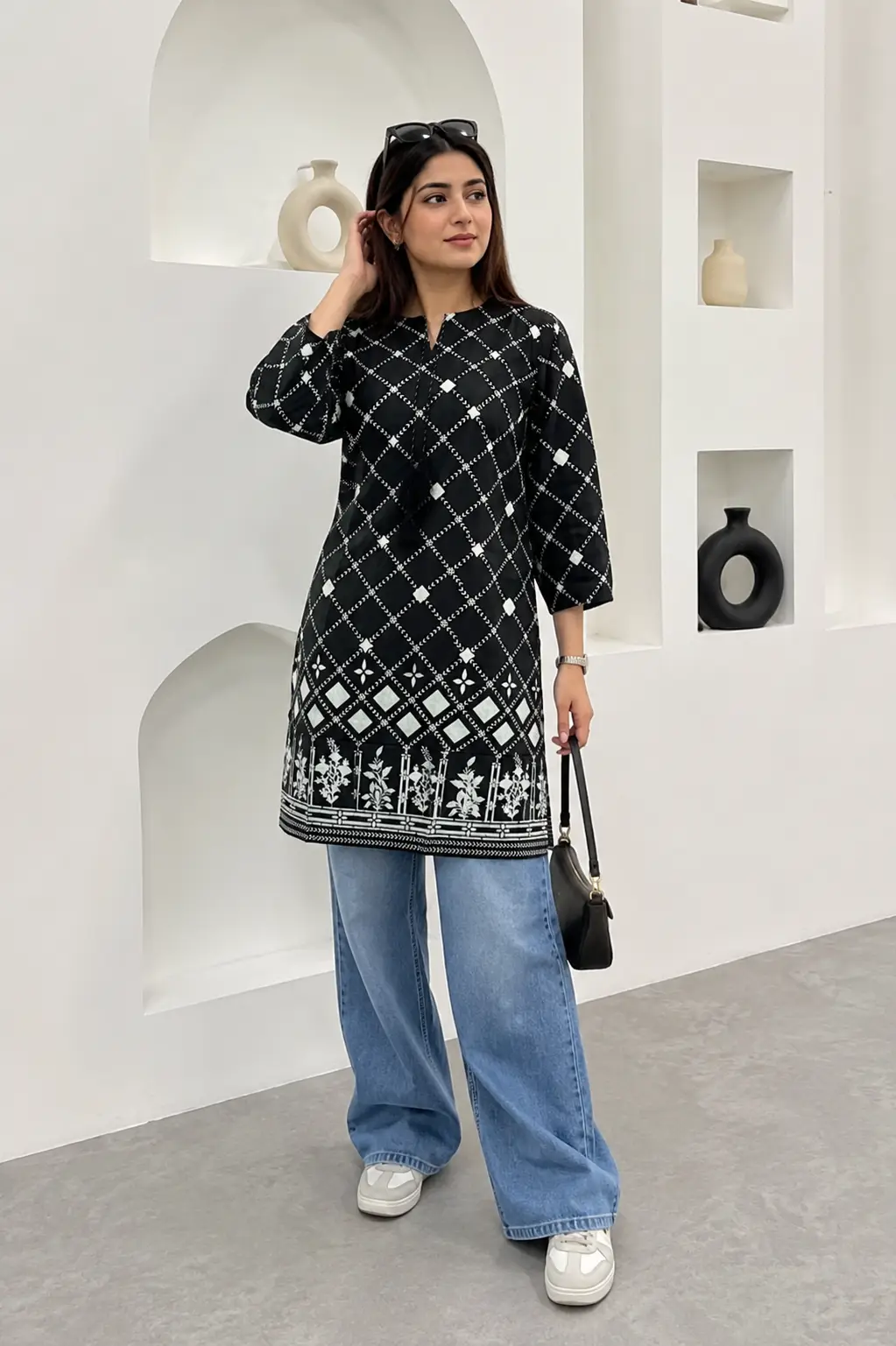 1Pc Women's Stitched Linen Block Printed Shirt Black Special