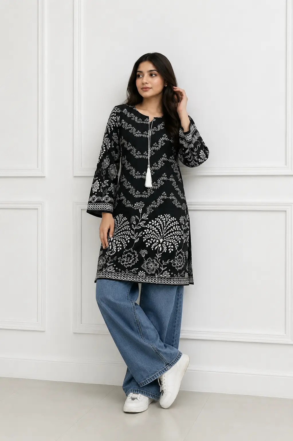 1Pc Women's Stitched Linen Block Printed Shirt Black Special