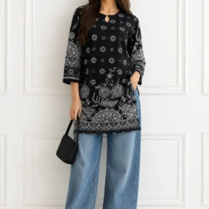 1Pc Women’s Stitched Linen Block Printed Shirt Black Special