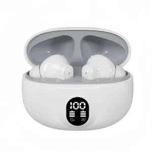 White Stereo Earbuds | LED Digital Battery Display | Bluetooth Earphones with Charging Case & Mic
