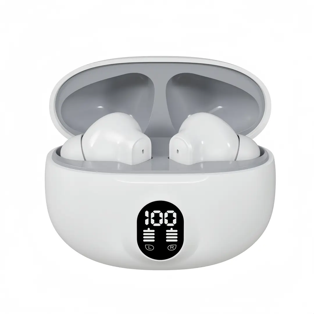 White Stereo Earbuds | LED Digital Battery Display | Bluetooth Earphones with Charging Case & Mic
