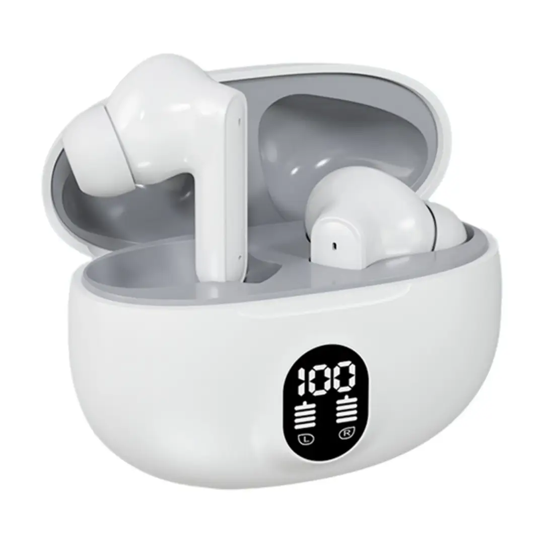 White Stereo Earbuds | LED Digital Battery Display | Bluetooth Earphones with Charging Case & Mic