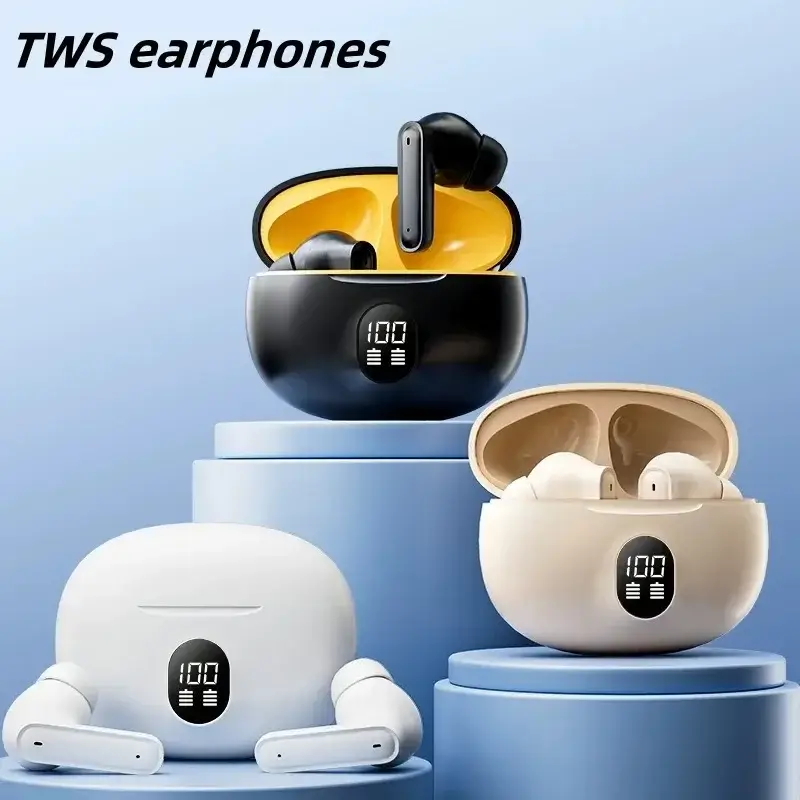 White Stereo Earbuds | LED Digital Battery Display | Bluetooth Earphones with Charging Case & Mic