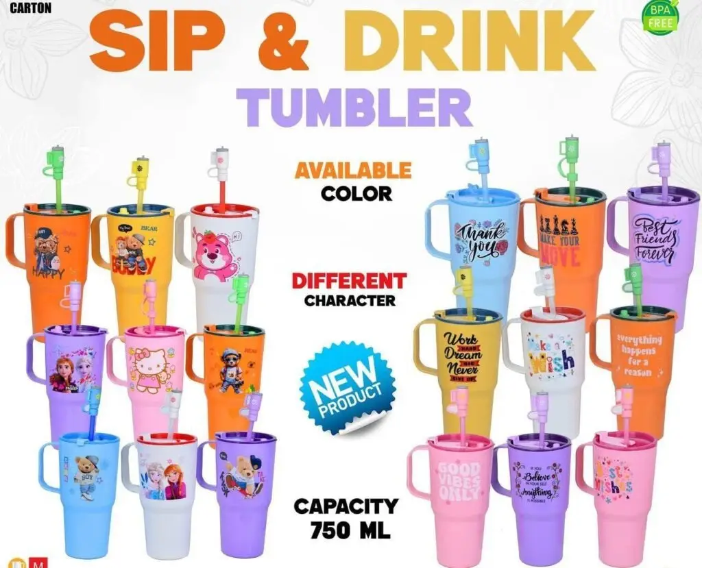 Sip & Drink Cartoon Tumbler 750ml – Kids Water Bottle with Straw & Handle | BPA Free Cute Character Cup for School & Travel