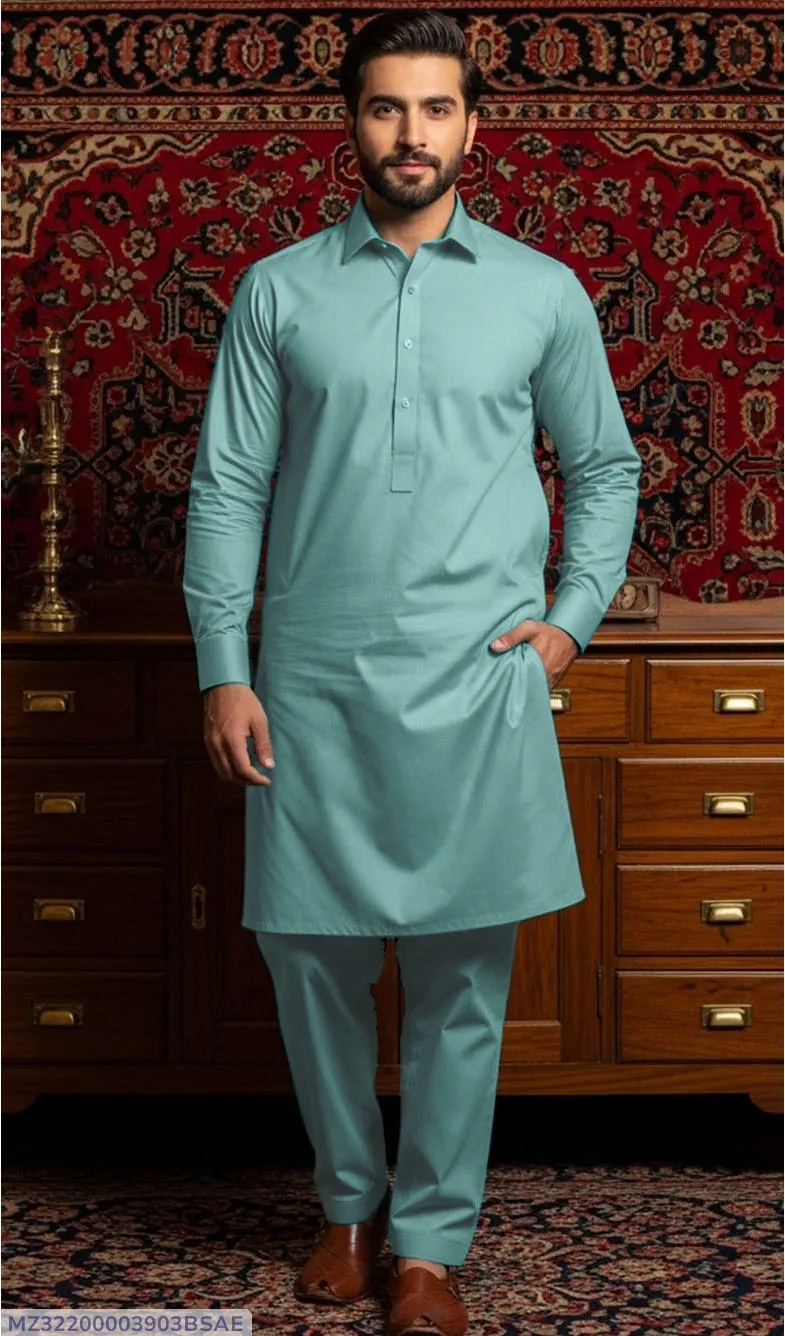 Men Cotton Plain Blue Suit Summer Wear