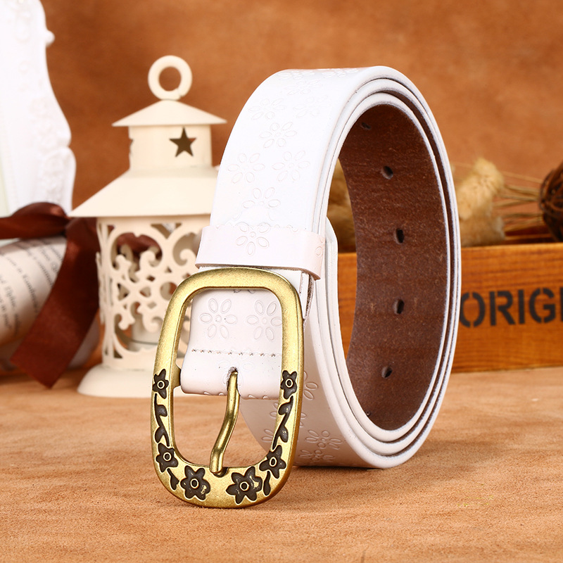 Women Retro Flower Print Wide Cowhide Belt