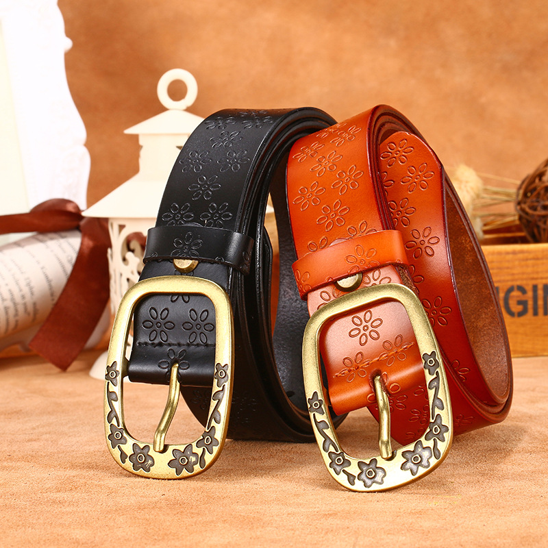 Women Retro Flower Print Wide Cowhide Belt