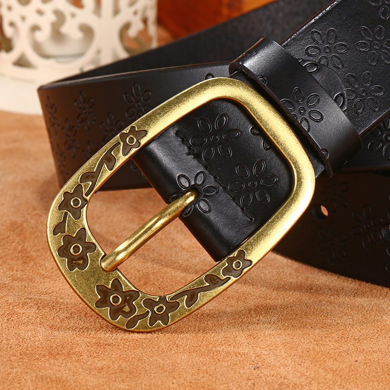 Women Retro Flower Print Wide Cowhide Belt