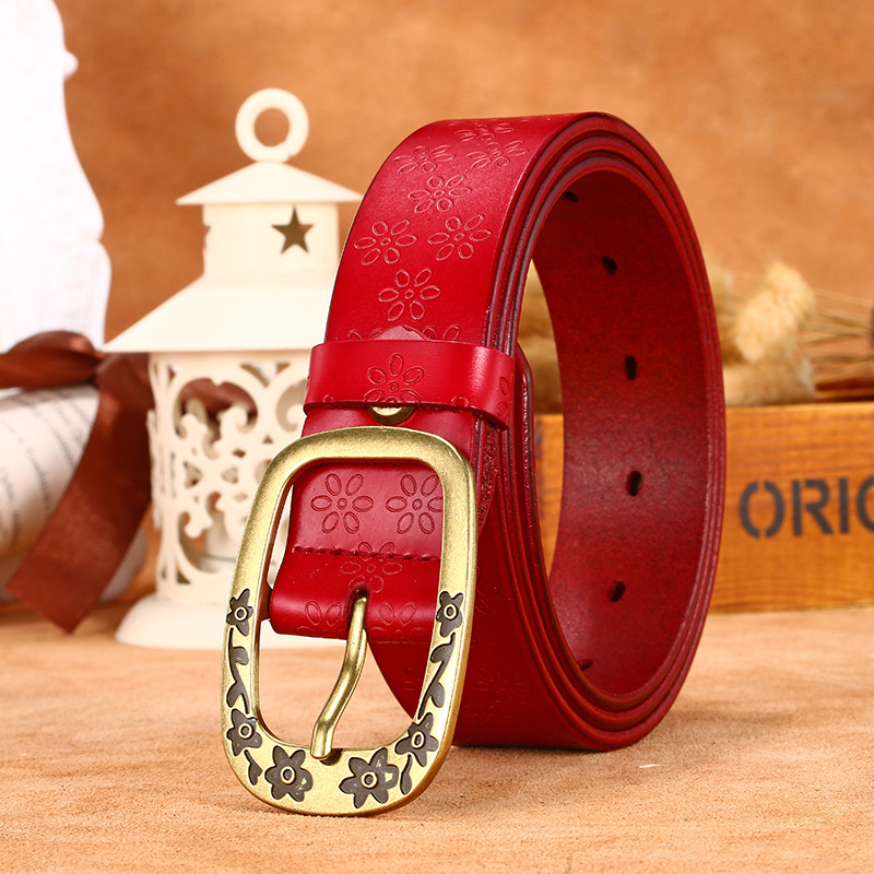 Women Retro Flower Print Wide Cowhide Belt