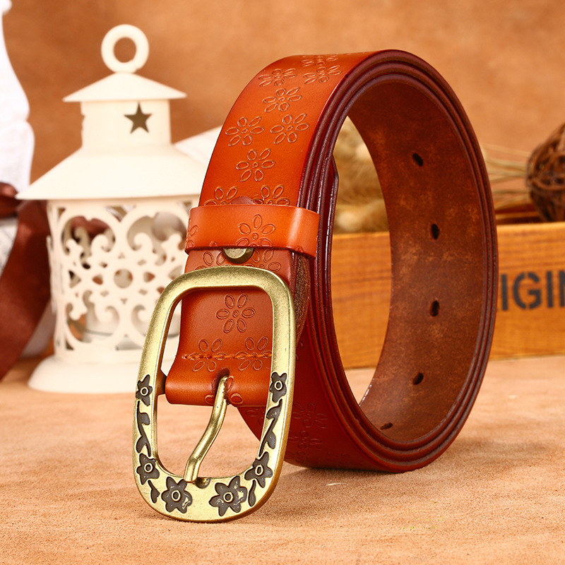 Women Retro Flower Print Wide Cowhide Belt