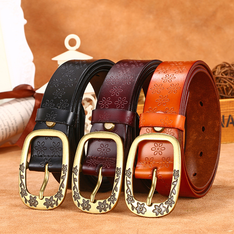Women Retro Flower Print Wide Cowhide Belt