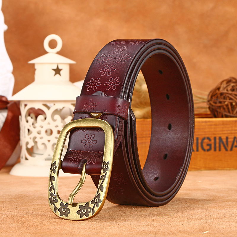 Women Retro Flower Print Wide Cowhide Belt
