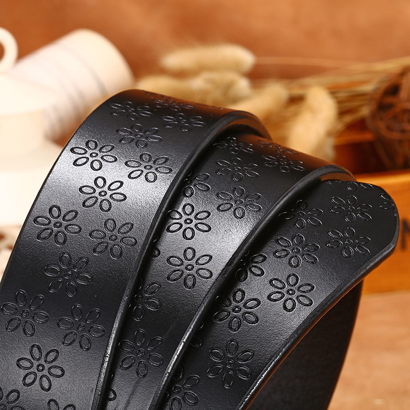 Women Retro Flower Print Wide Cowhide Belt