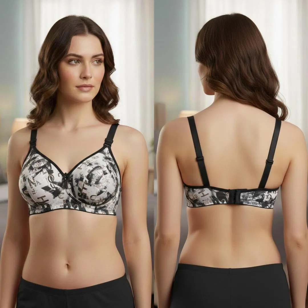 Malai Printed Padded Bra Black Adjustable 34-40